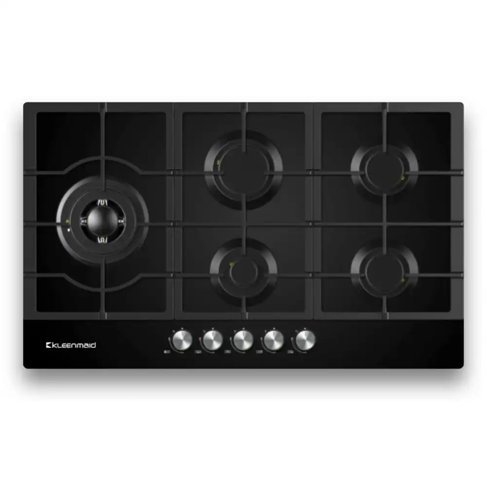 Kleenmaid 90cm Black Glass Gas Surface Mounted Built In Cooktop/Stovetop Burner