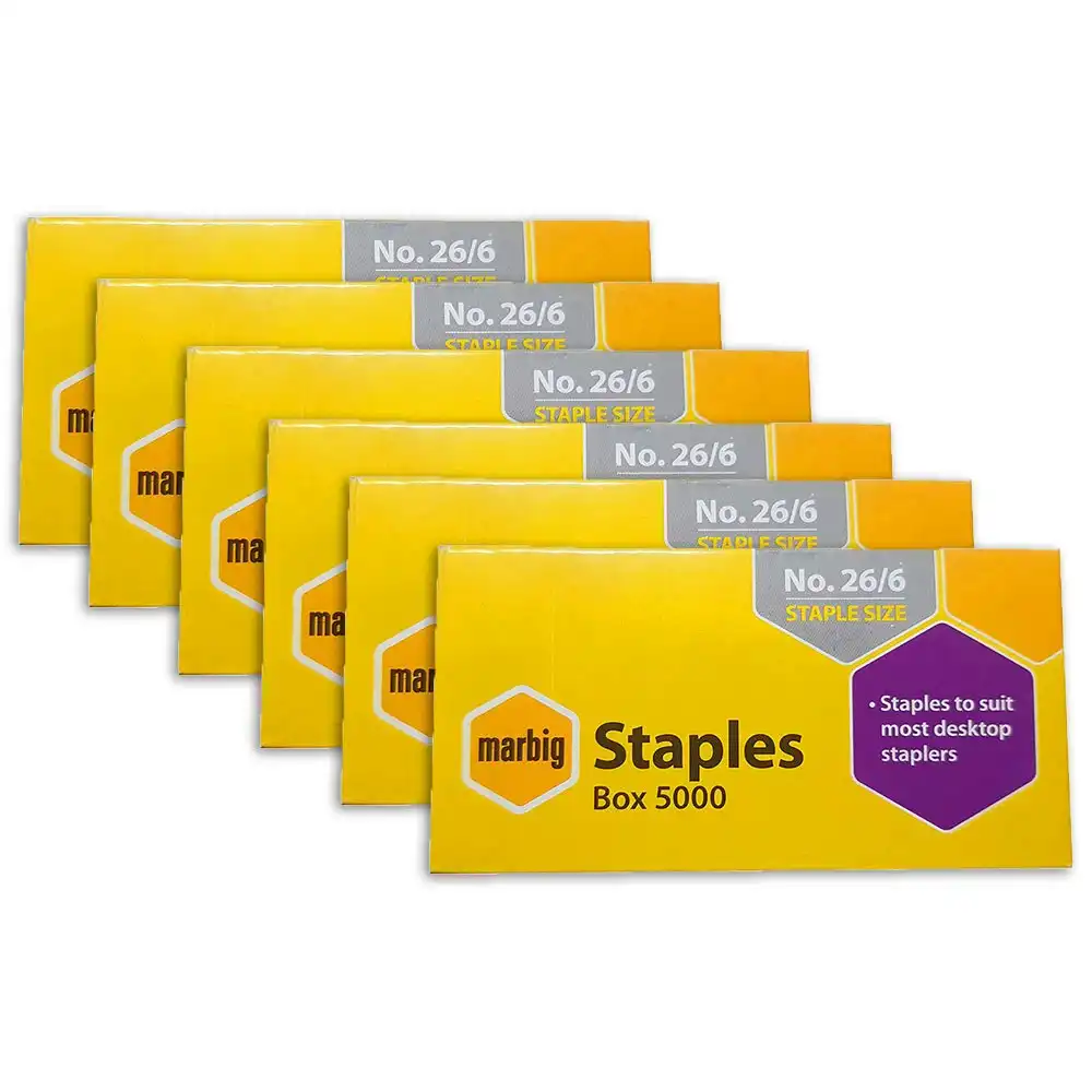 6PK Marbig Staples 26/6 Box 5000 for Staplers/Papers Office/Home Use/Essentials