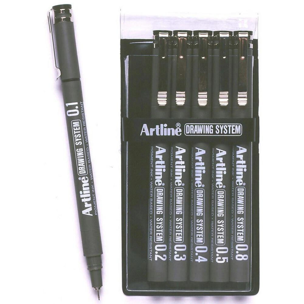 6pc Artline Drawing System 6 Nib Sizes 0.1/0.2/0.3/0.4/0.5/0.8 Wallet Pen Black