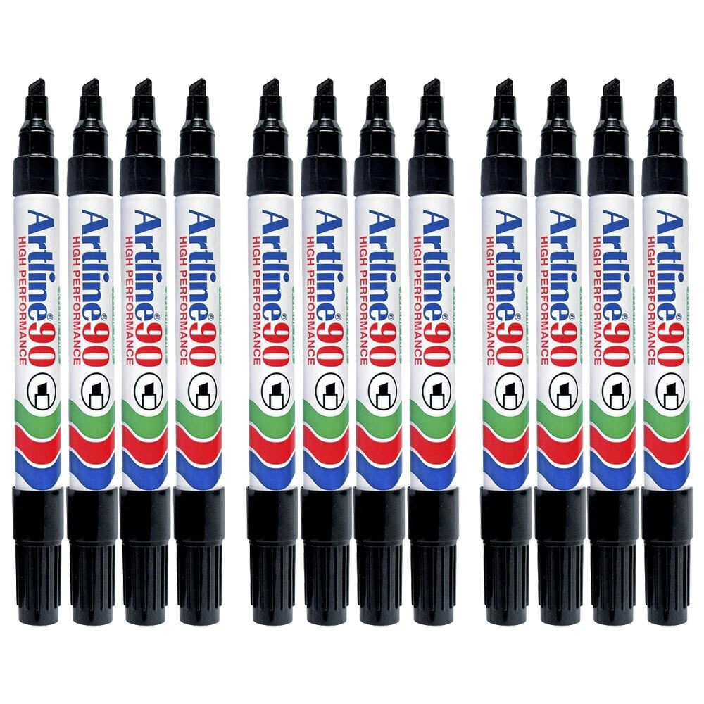 12pc Artline 90 Permanent Marker Office/School 2-5mm Line Width Chisel Nib Black