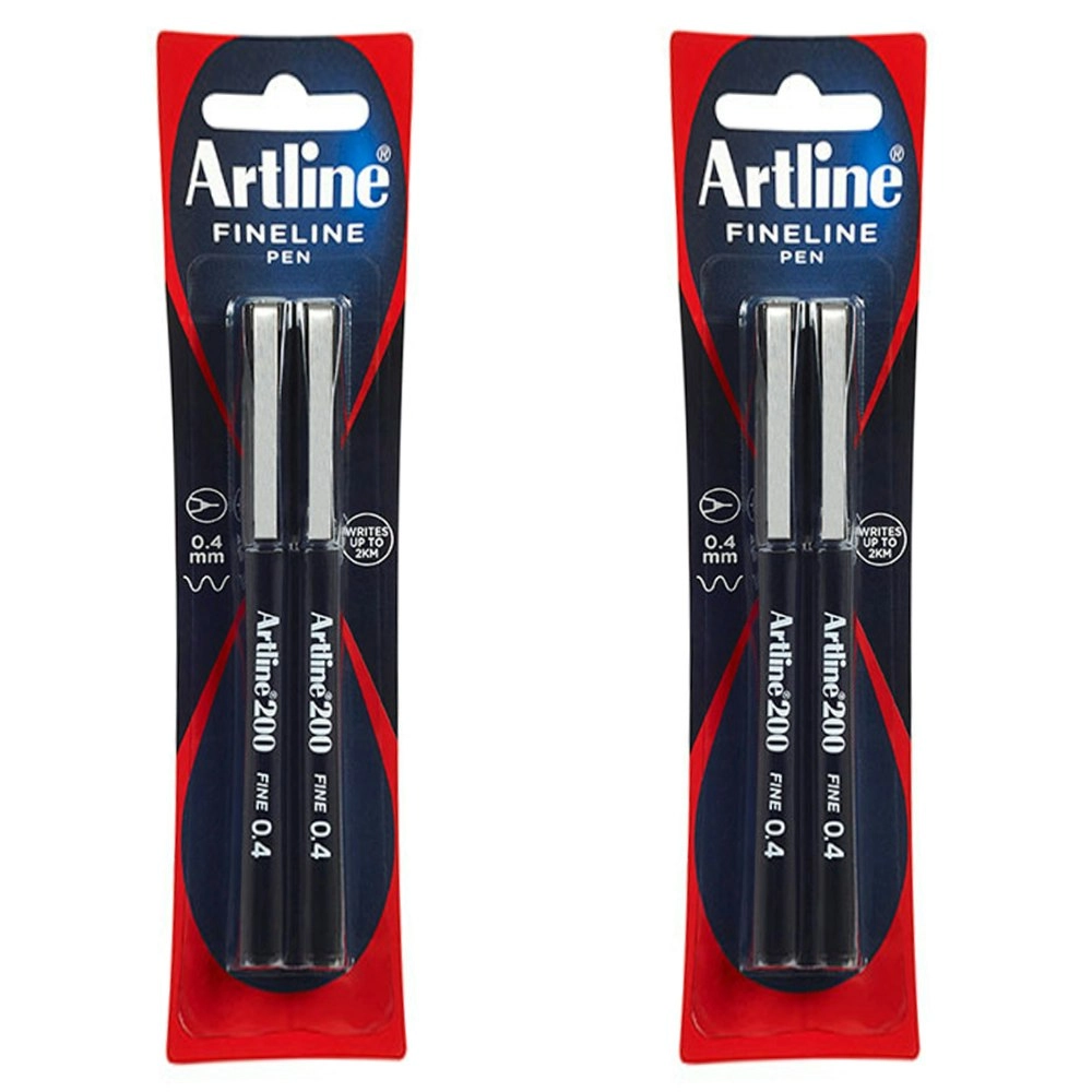 2x 2pc Artline Fineline 200 Fine 0.4mm Line Width School Drawing Writing Pen BLK