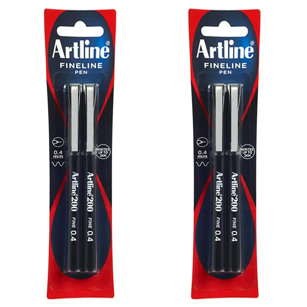 2x 2pc Artline Fineline 200 Fine 0.4mm Line Width School Drawing Writing Pen BLK