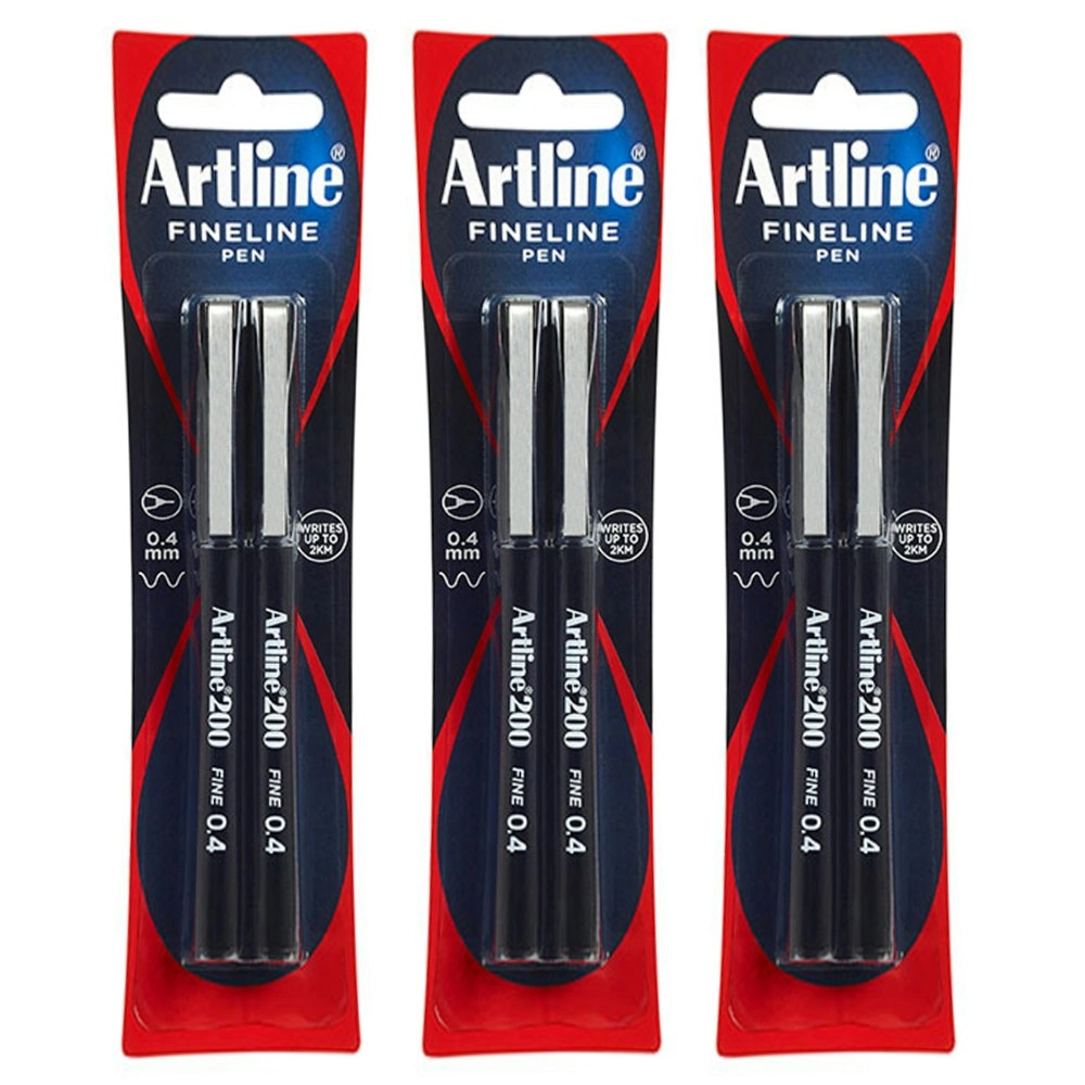 3x 2pc Artline Fineline 200 Fine 0.4mm Line Width School Drawing Writing Pen BLK