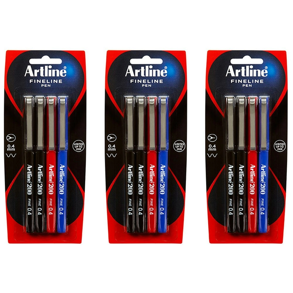 3x 4pc Artline Fineline 200 Fine 0.4mm Width School Drawing Assorted Writing Pen