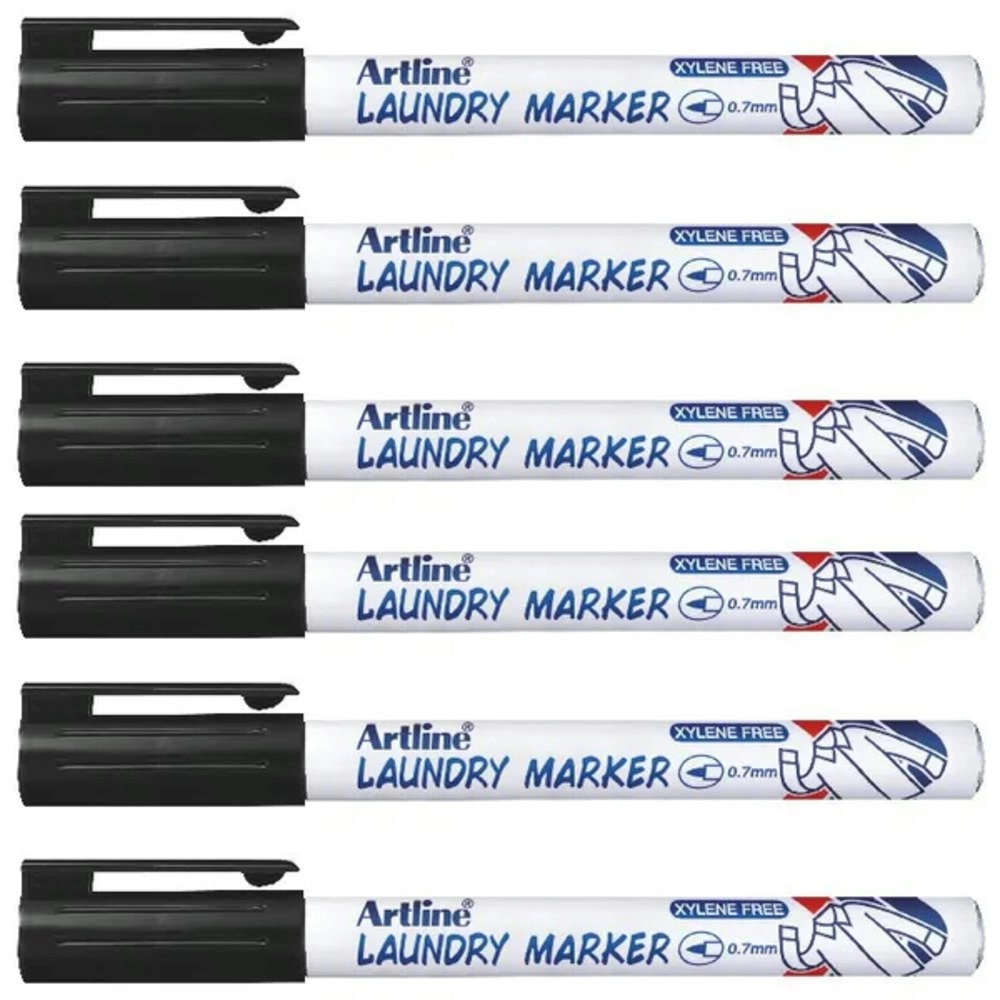 6pc Artline 750 Laundry/Linen/Clothing/Fabric Bullet Nib 0.7mm Line Marker Black