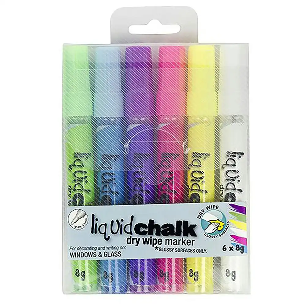 6pc Texta Liquid Chalk Dry-Wipe Window/Glass Marker Writing Assorted Colours