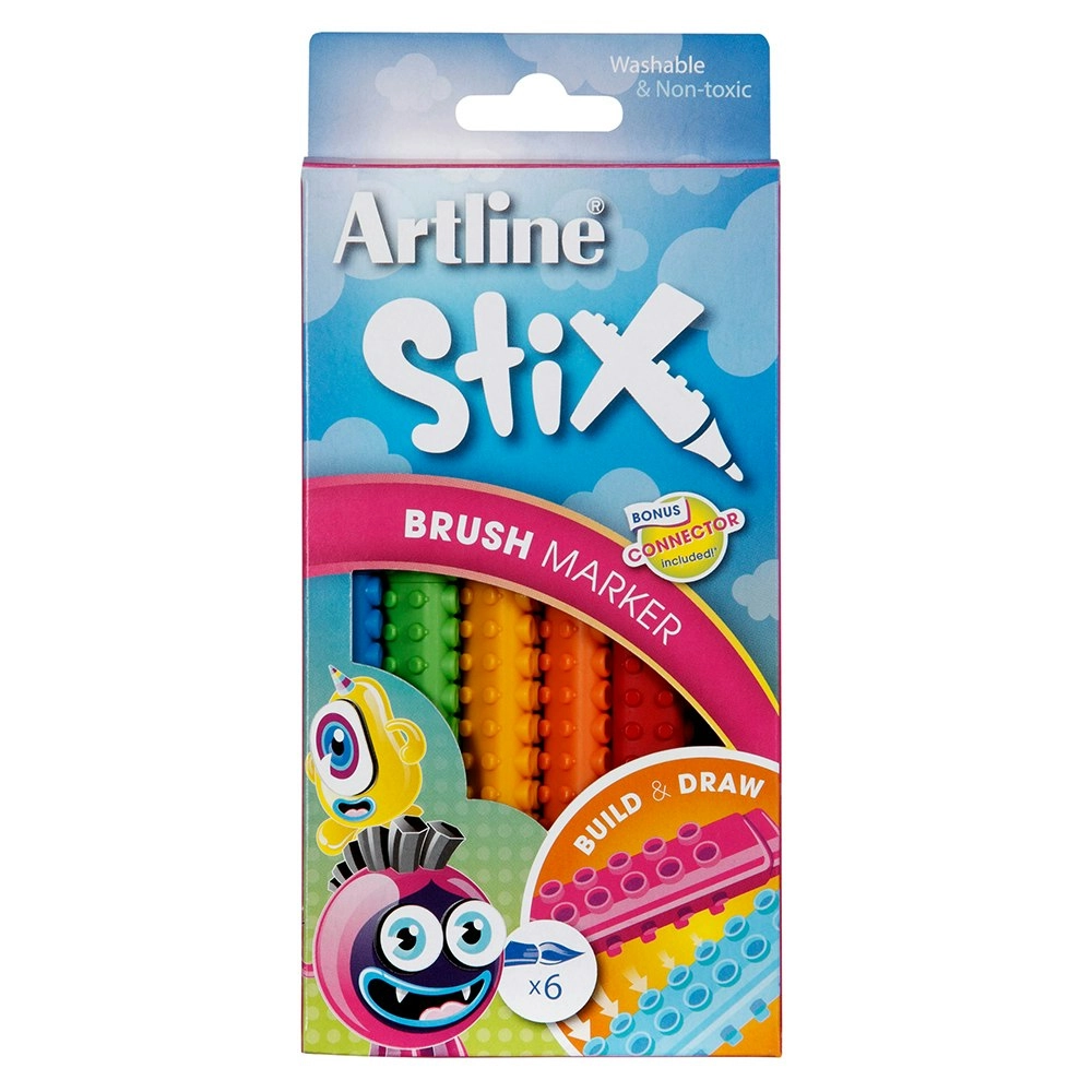 6PK Artline Stix Brush Markers Washable Kids Drawing Colouring Pens w/Connectors