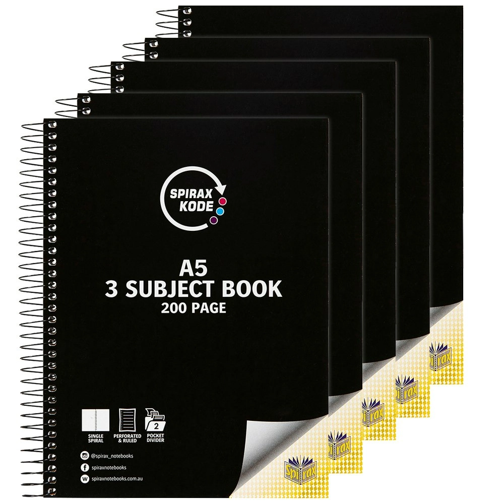 5pc Spirax Kode A5 3 Subject Book 200pg Paper/Notebook Assorted w/ Dividers