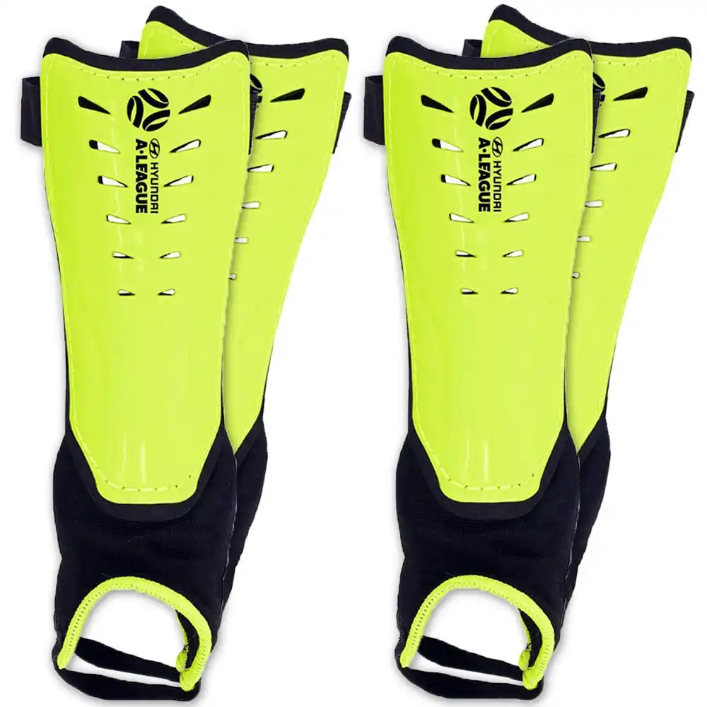 2x Hyundai A-League Shin Guard/Pads w/ Ankle Sock/Sports/Soccer Large Size/Lime