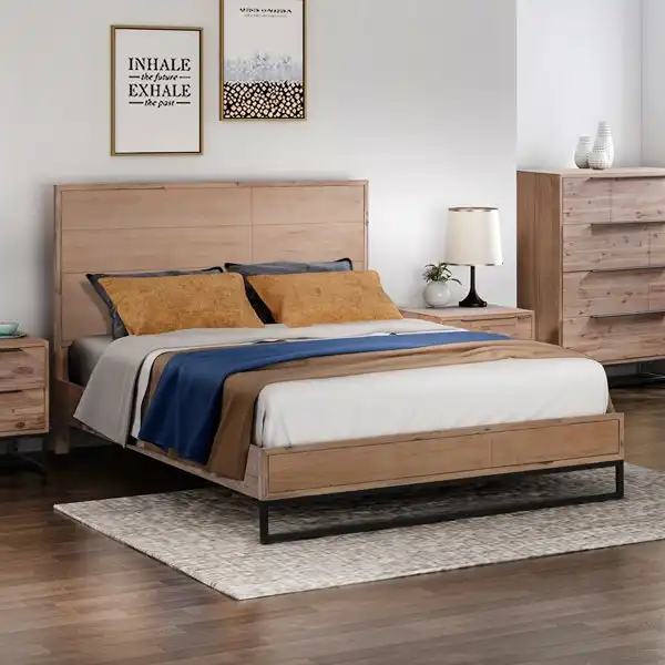 Queen size Bed Frame Solid Wood Acacia Veneered Oak Colour Bedroom Furniture Steel Legs