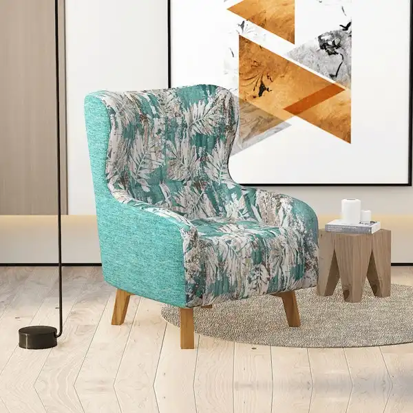 Armchair High back Lounge Accent Chair Designer Printing on Seat Fabric with Wooden Leg