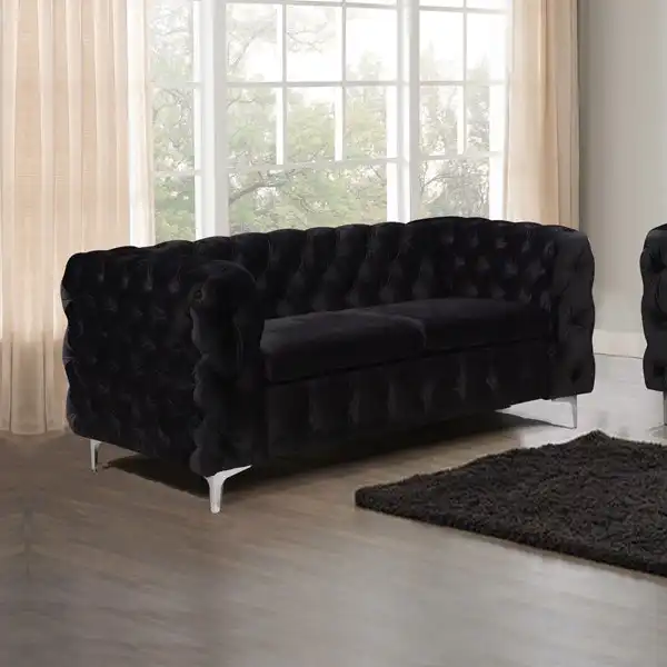 2 Seater Sofa Classic Button Tufted Lounge in Black Velvet Fabric with Metal Legs