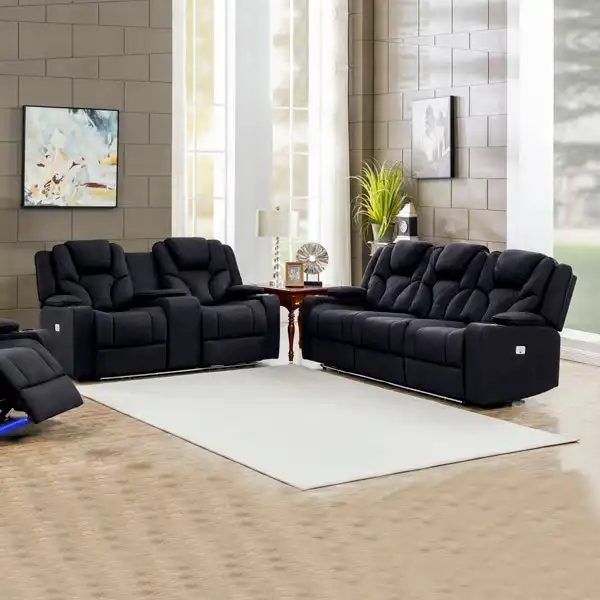 3+2 Seater Electric Recliner Stylish Rhino Fabric Black Lounge Armchair with LED Features