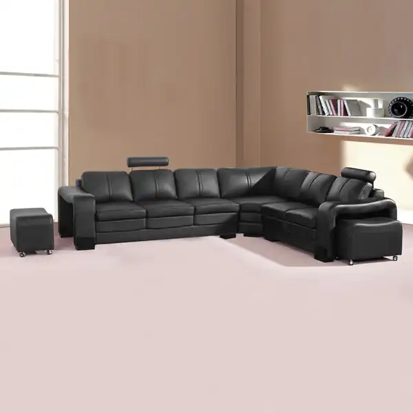 Lounge Set Luxurious 6 Seater Faux Leather Corner Sofa Living Room Couch in Black with 2x Ottomans