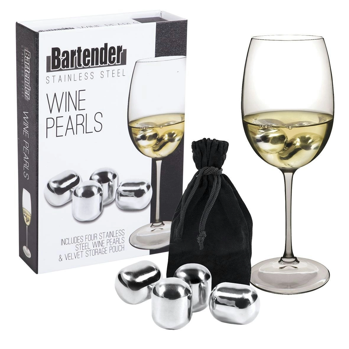 Bartender Stainless Steel Wine Pearls Set 4 With Bag