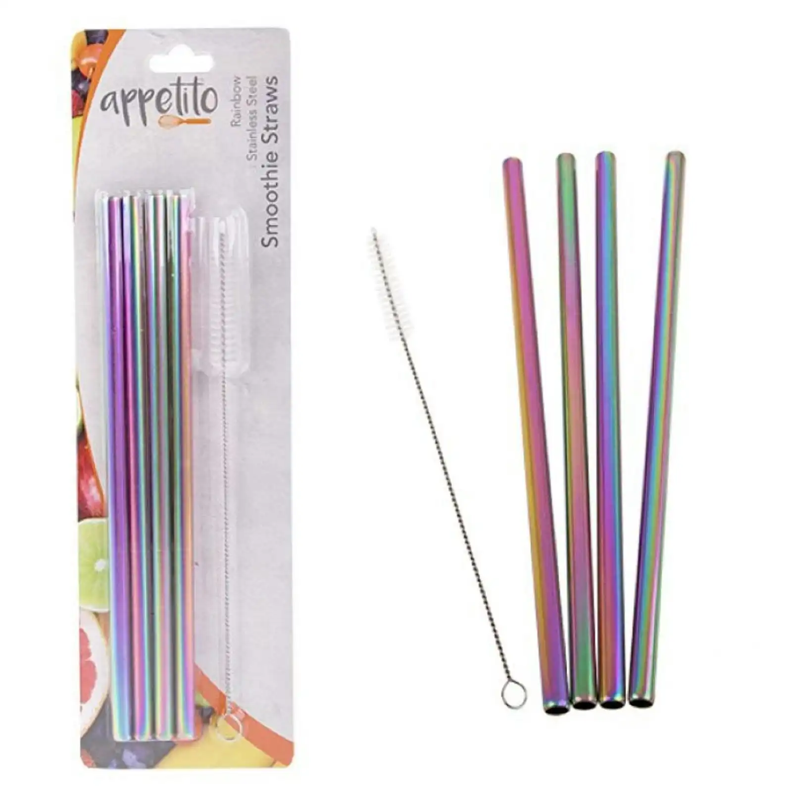 Appetito Set 4 Straight Metallic Rainbow Stainless Steel Straws + Cleaning Brush
