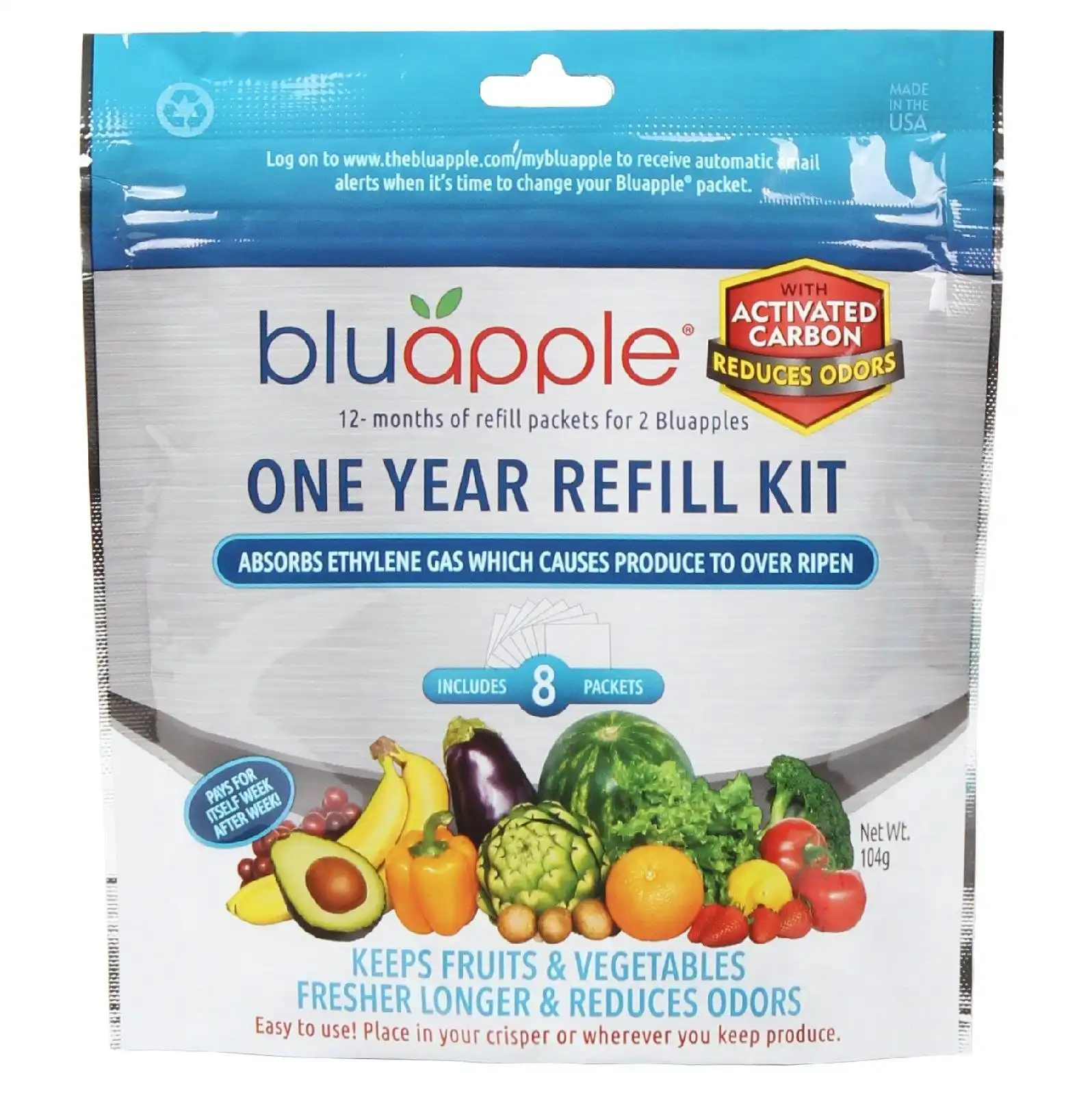 Bluapple Classic + Activated Carbon Fruit & Vegetable Life Extender 1 Year Refill Kit   8 Packets