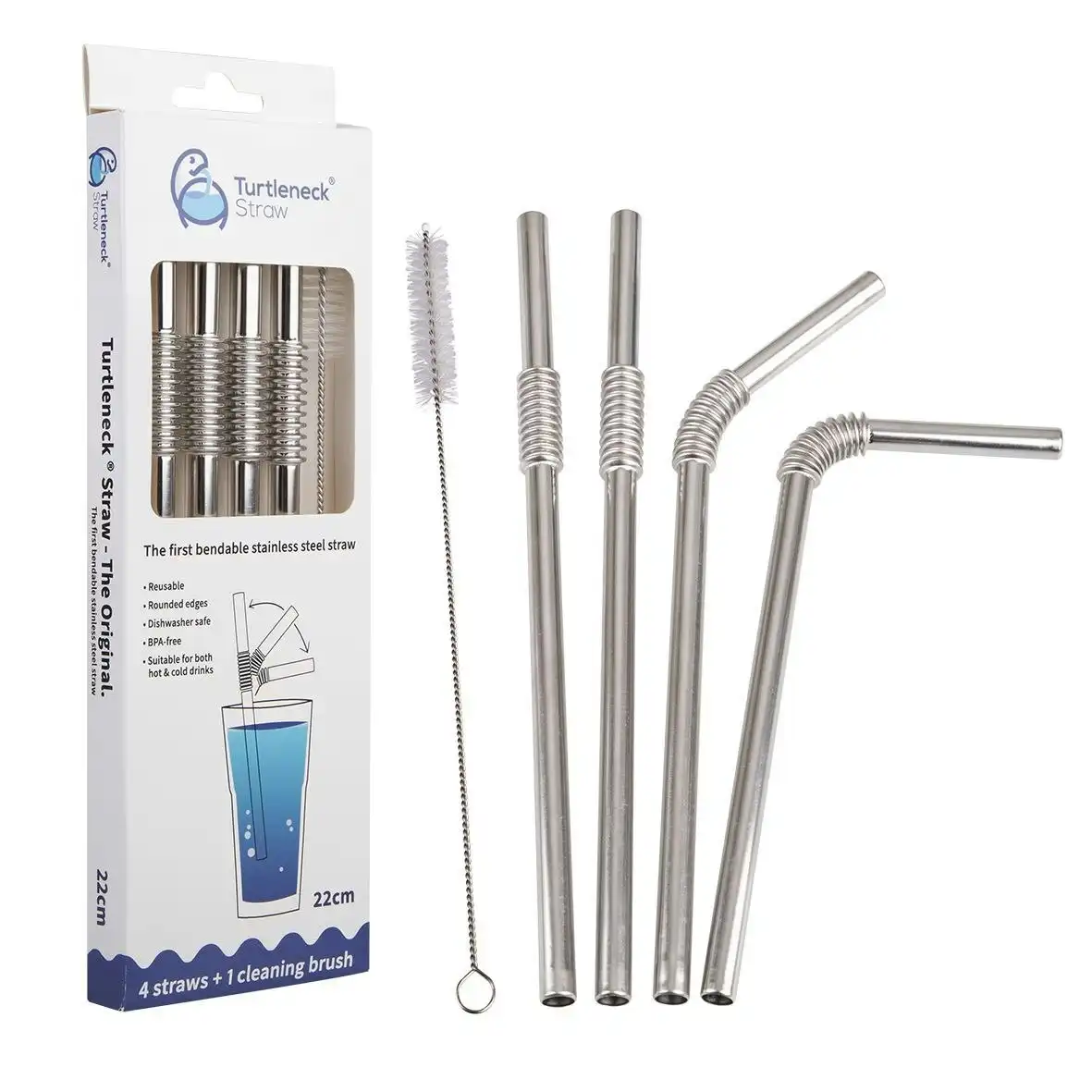 Turtleneck Stainless Steel Bendable Straw Set 4 With Cleaning Brush