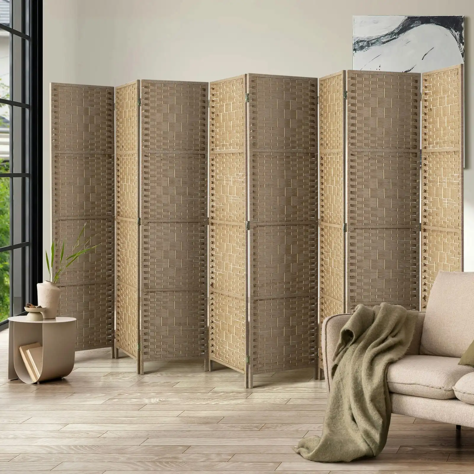 Oikiture 8 Panel Room Divider Privacy Screen Dividers Woven Wood Fold Stand