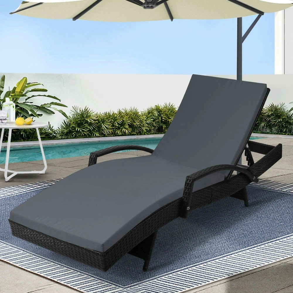 Gardeon Sun Lounge Wicker Lounger Outdoor Furniture Beach Chair Patio Adjustable Cushion Black