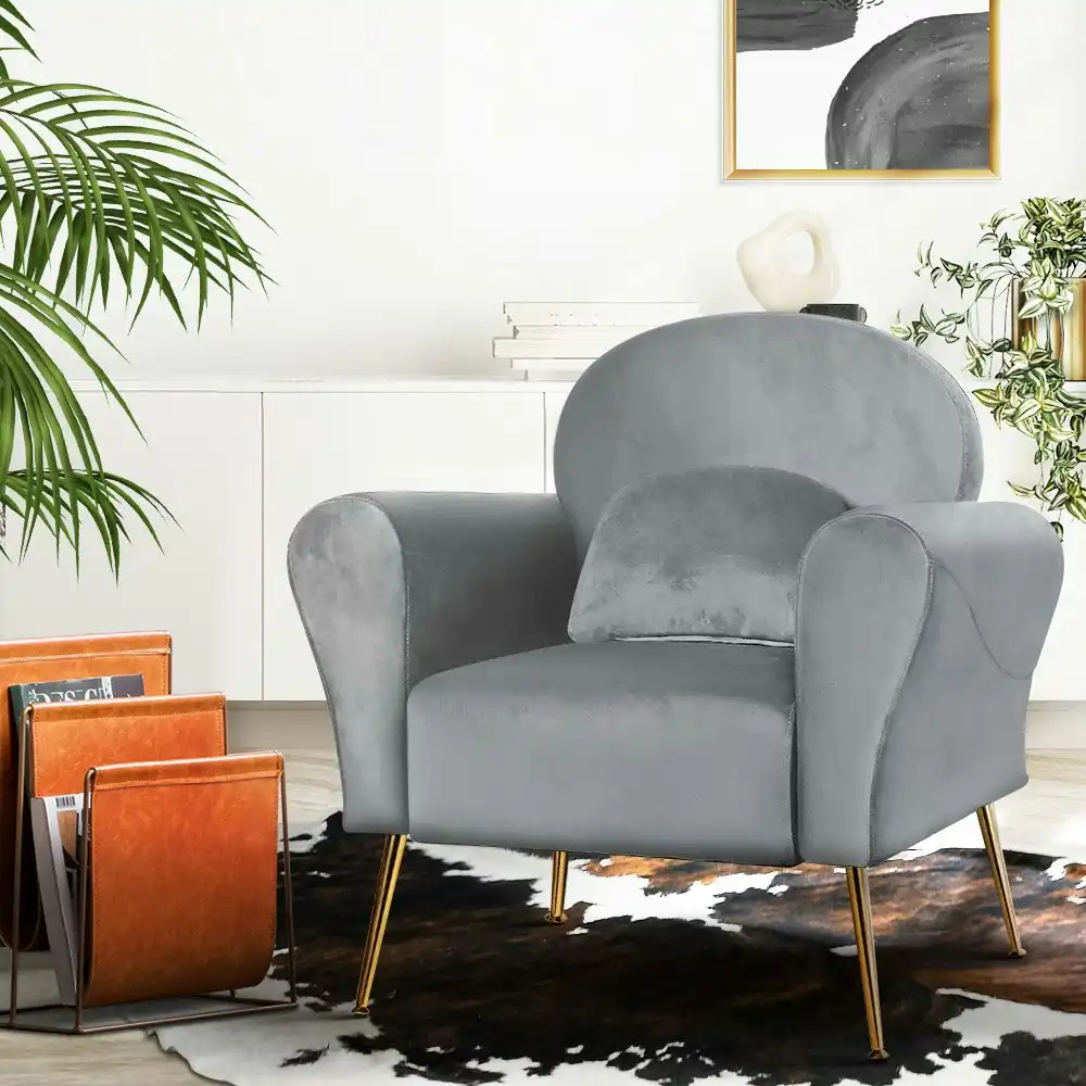 Artiss Armchair Lounge Chair Accent Armchairs Chairs Sofa Grey Velvet Cushion