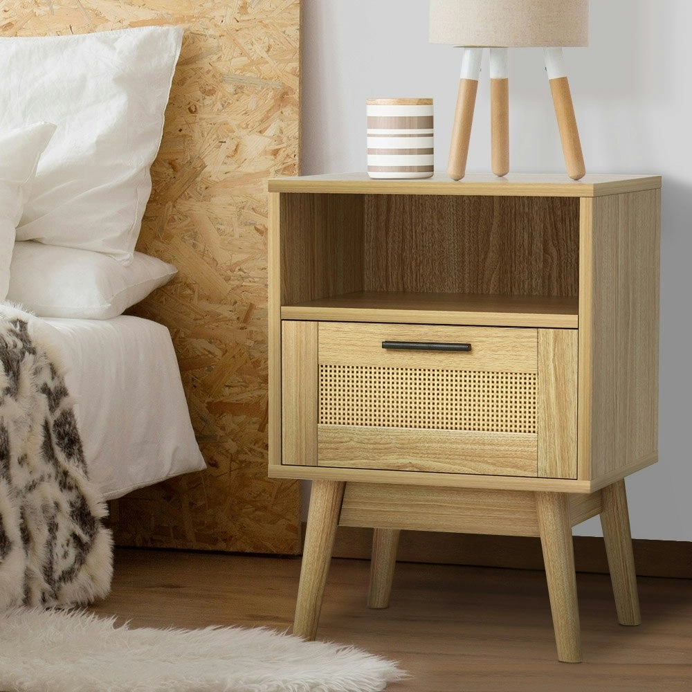 Artiss Rattan Bedside Table 1 Drawer with Shelf - REI Oak