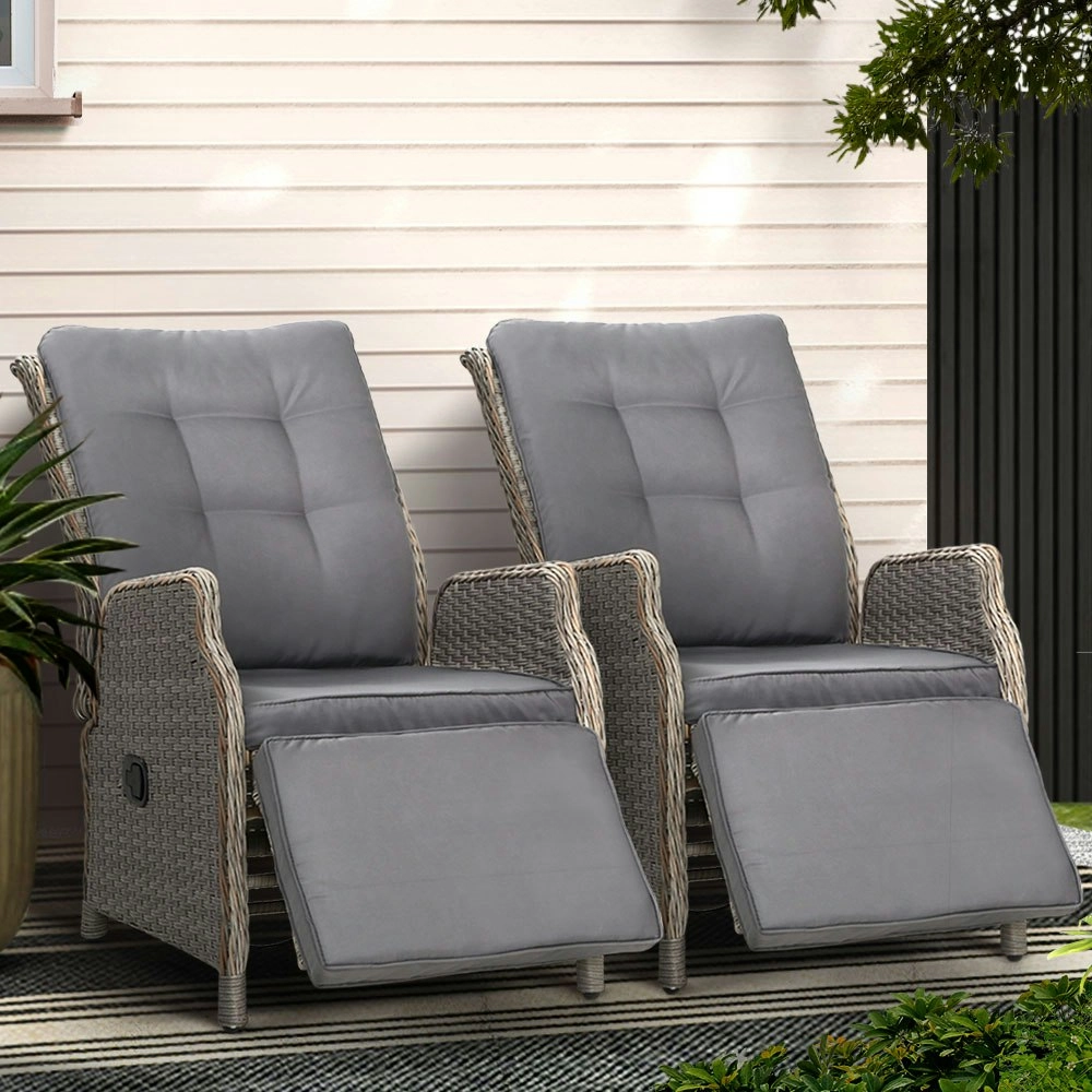 Gardeon 2PC Recliner Chairs Sun lounge Wicker Lounger Outdoor Furniture Adjustable Grey