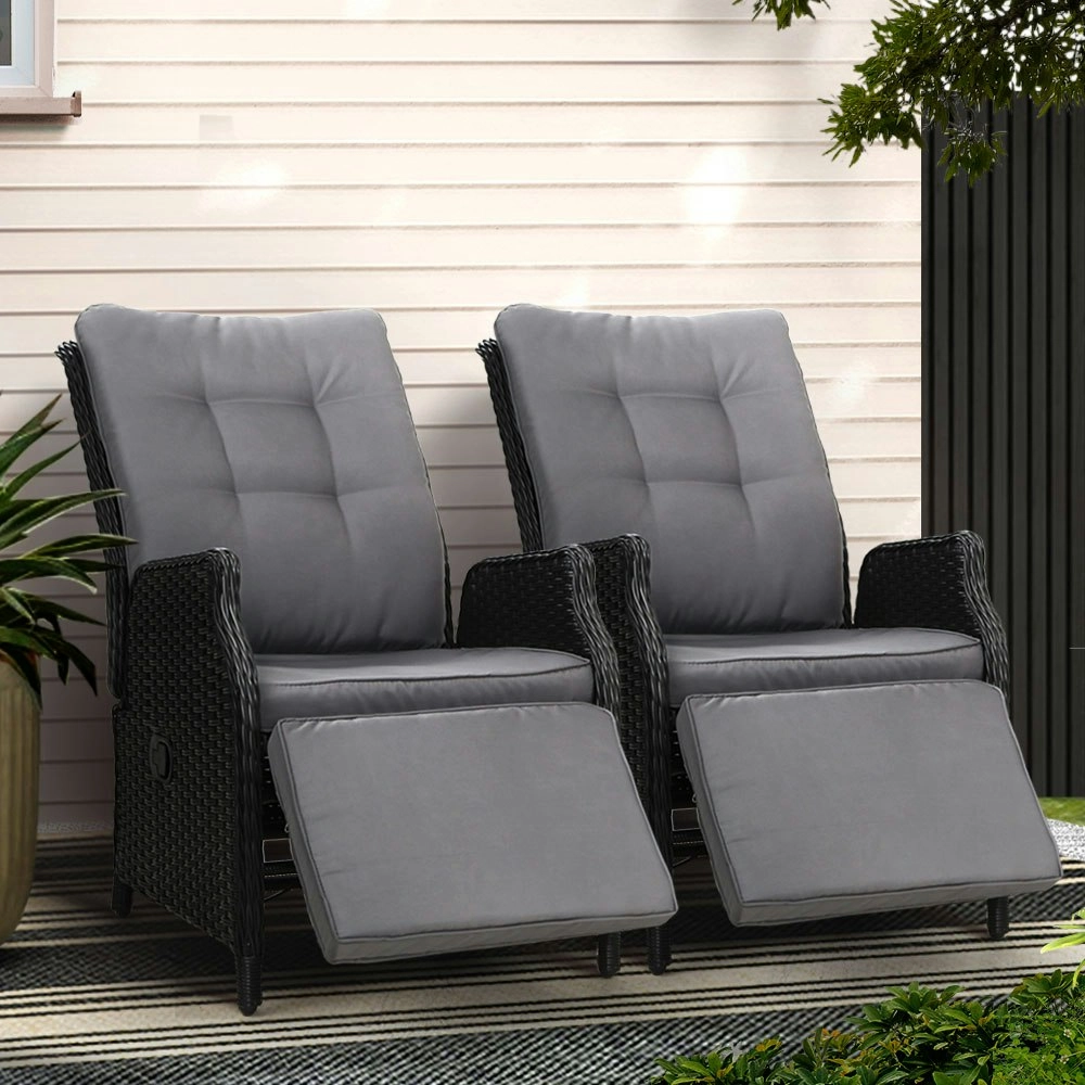 Gardeon 2PC Recliner Chairs Sun lounge Wicker Lounger Outdoor Furniture Adjustable Black