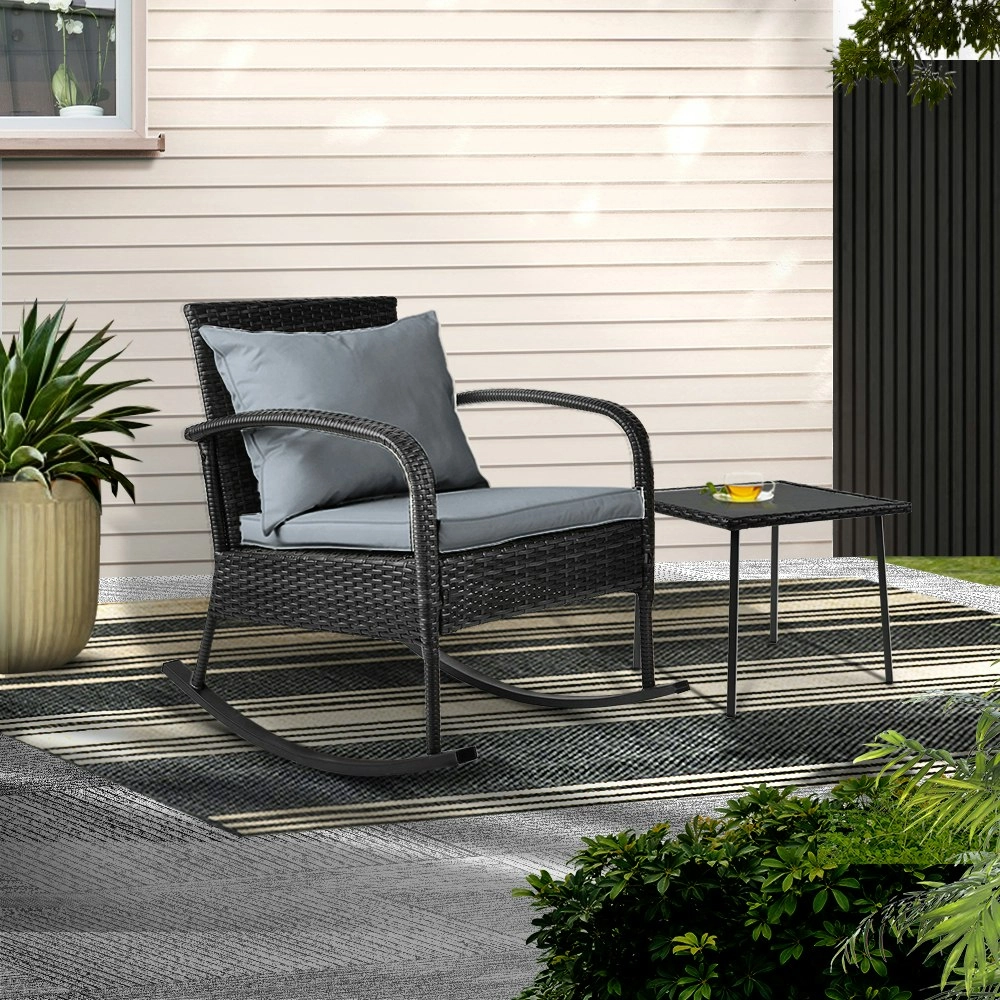 Gardeon 2PC Rocking Chair Table Wicker Outdoor Furniture Patio Lounge Setting