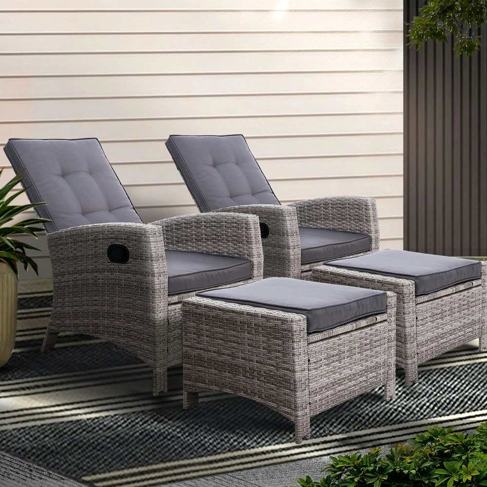 Gardeon 2PC Recliner Chairs Sun lounge Wicker Outdoor Furniture Adjustable Grey