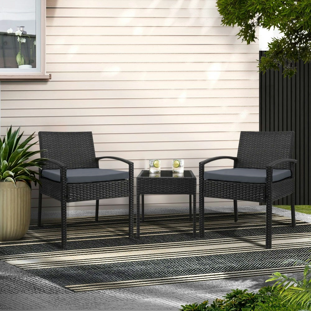 Gardeon 3PC Patio Furniture Bistro Set Wicker Outdoor Lounge Setting Black