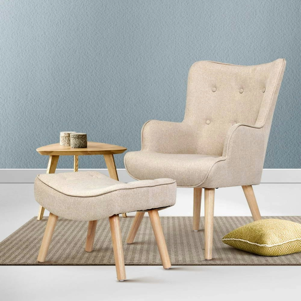 Artiss Armchair Set with Ottoman Beige Lansar