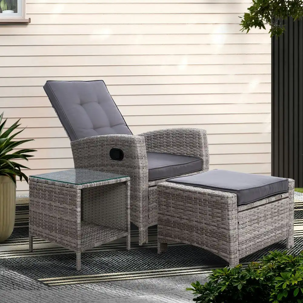 Gardeon 3PC Recliner Chairs Table Sun lounge Wicker Outdoor Furniture Adjustable Grey