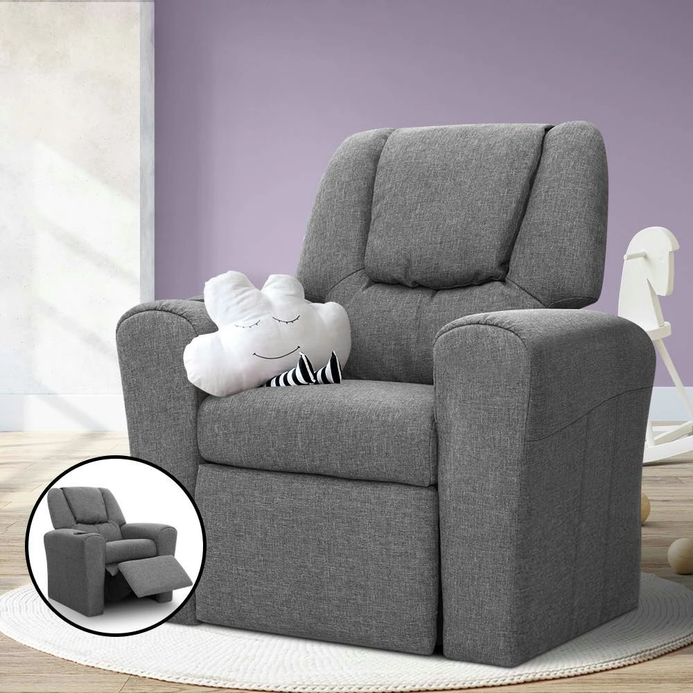 Keezi Kids Recliner Chair Grey Linen Soft Sofa Lounge Couch Children Armchair