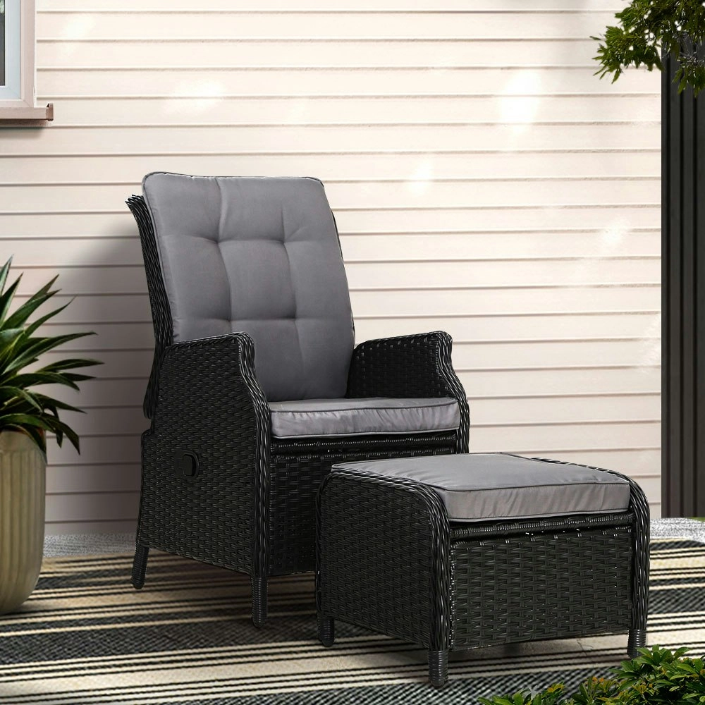 Gardeon Recliner Chair Sun lounge Wicker Lounger Outdoor Furniture Patio Adjustable Black