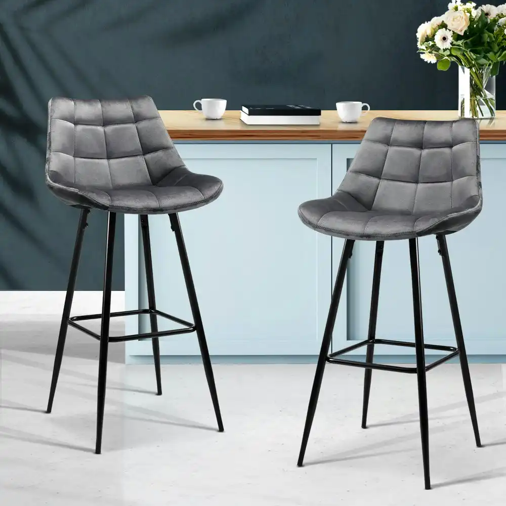 Artiss 2x Bar Stools Velvet Chairs Grey