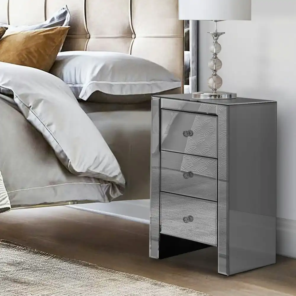Artiss Bedside Table 3 Drawers Mirrored Glass - QUENN Grey