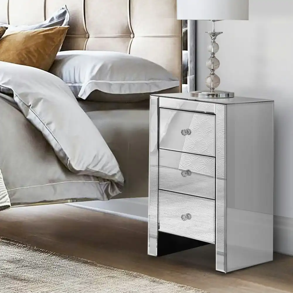Artiss Bedside Table 3 Drawers Mirrored Glass - QUENN Silver