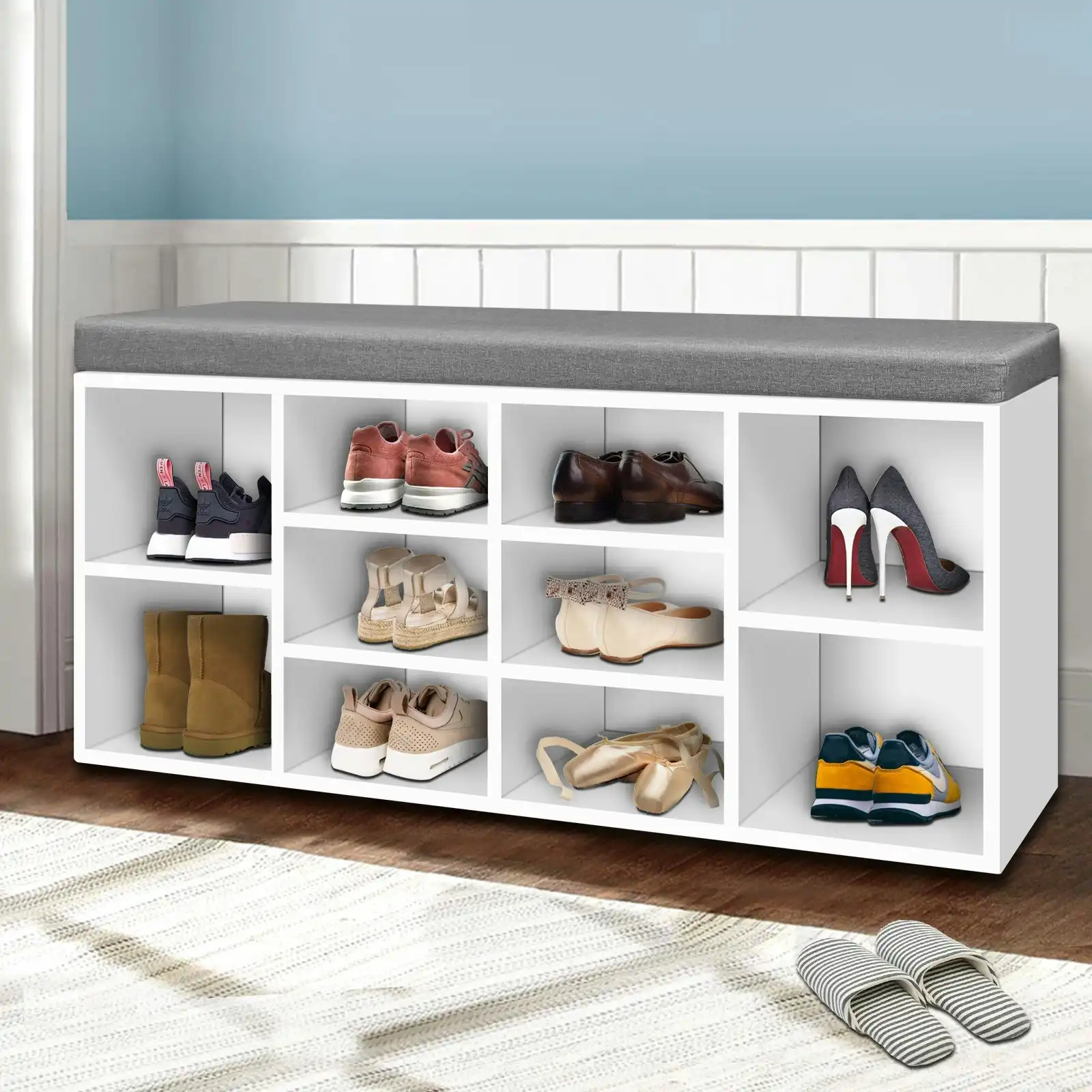 Artiss Shoe Bench Shoe Cabinet Fabric Padded Seat White BOA