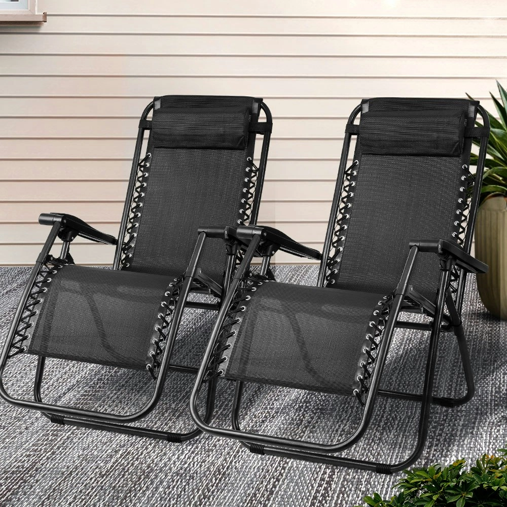 Gardeon 2PC Zero Gravity Chair Folding Outdoor Recliner Adjustable Sun Lounge Camping Black