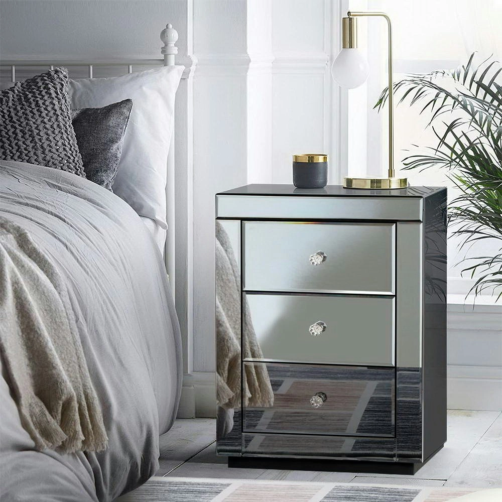 Artiss Bedside Table 3 Drawers Mirrored Glass - PRESIA Grey