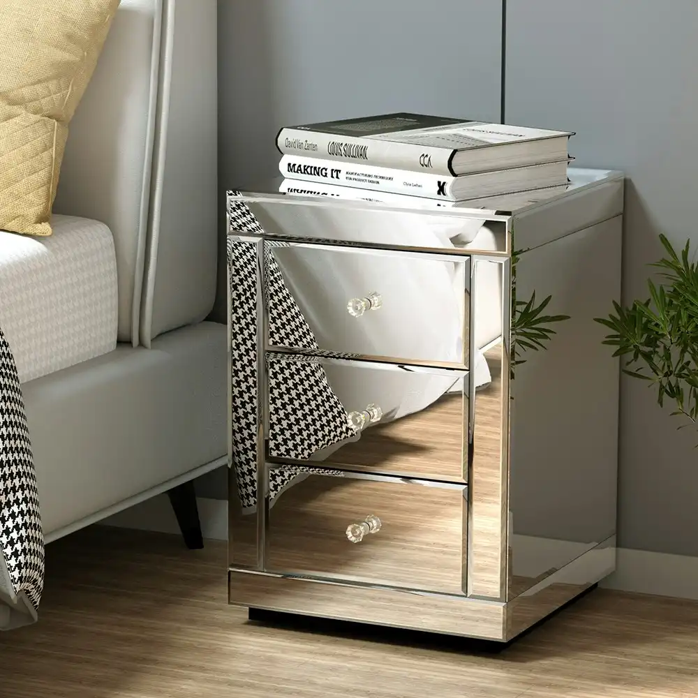 Artiss Bedside Table 3 Drawers Mirrored - PRESIA Silver