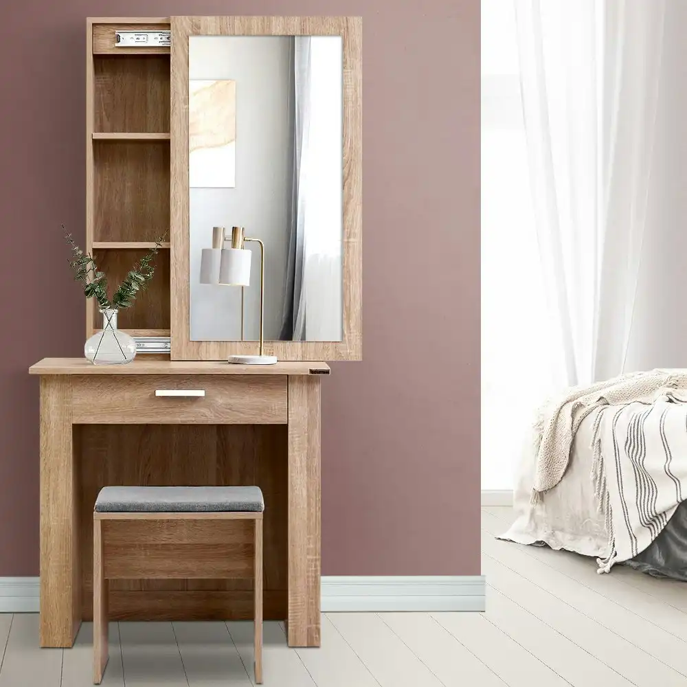 Artiss Dressing Table Stool Set Sliding Mirror Oak Demi