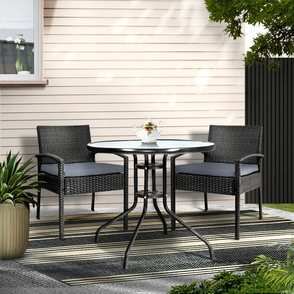 Gardeon 3PC Bistro Set Outdoor Furniture Rattan Table Chairs Cushion Patio Garden Felix