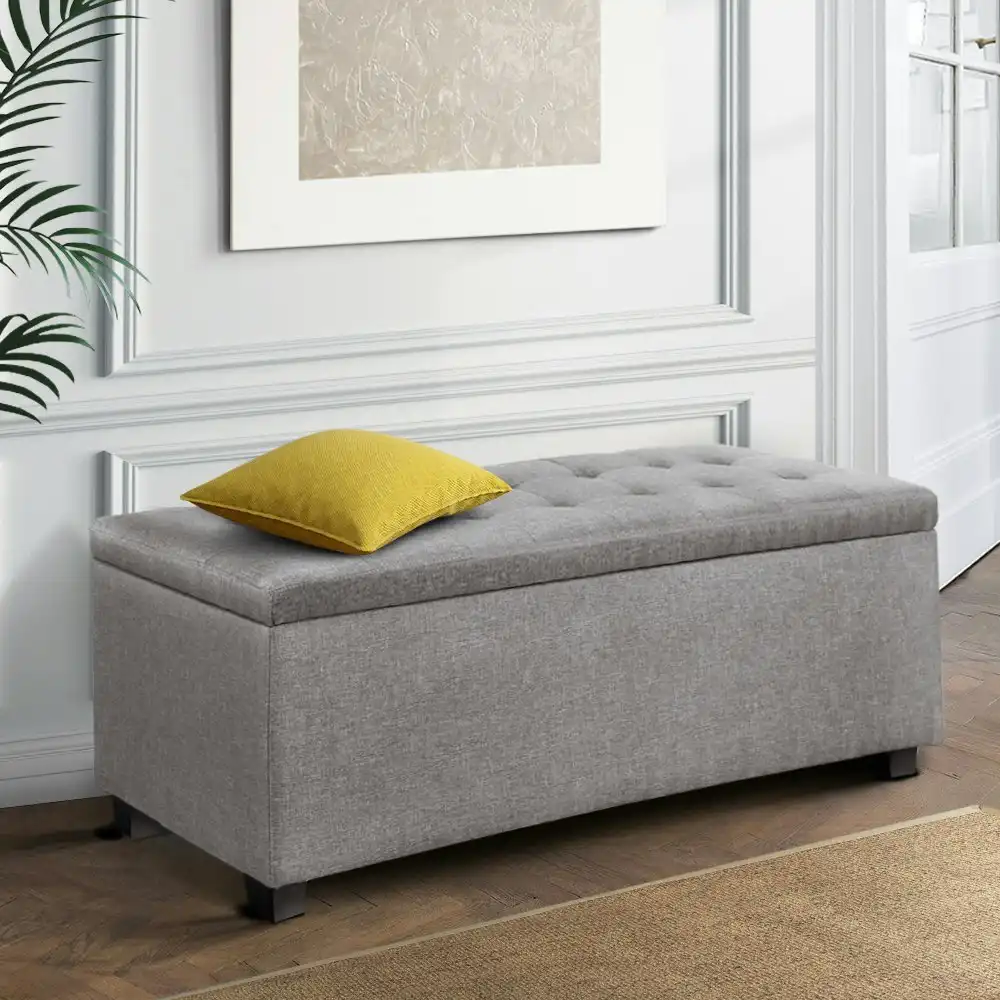 Artiss Storage Ottoman Blanket Box 97cm Linen Light Grey