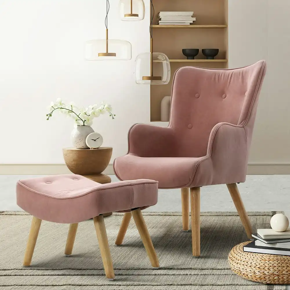 Artiss Armchair Set with Ottoman Pink Lansar