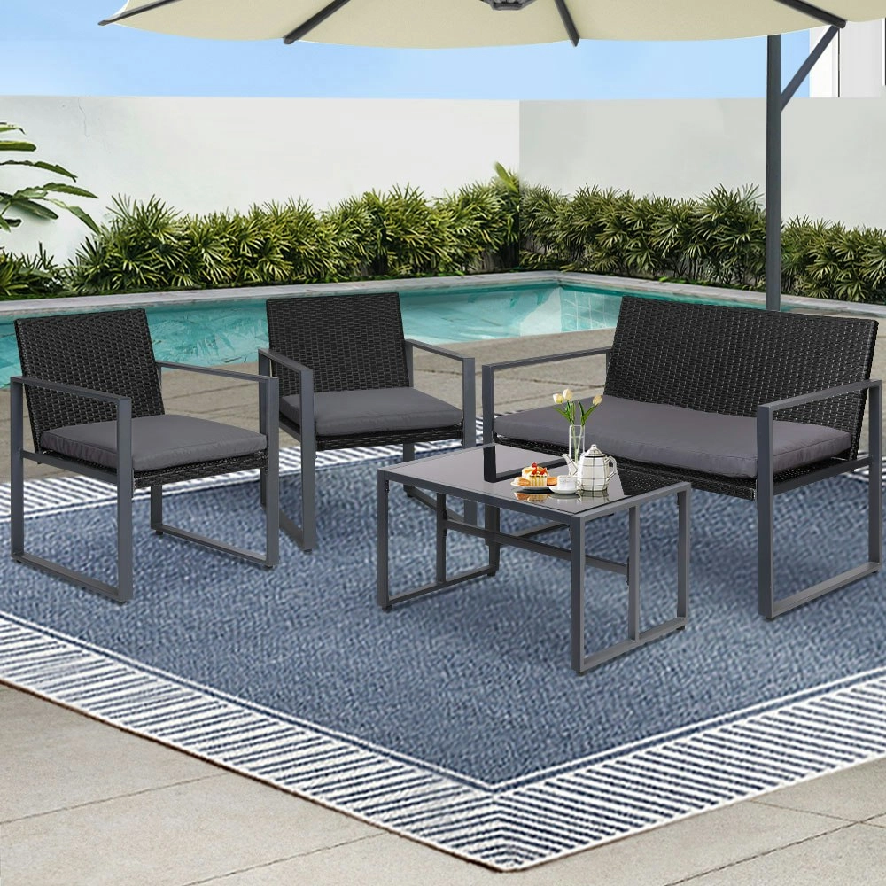 Gardeon 4 PCS Outdoor Sofa Set Rattan Furniture Glass Top Table Chairs Black