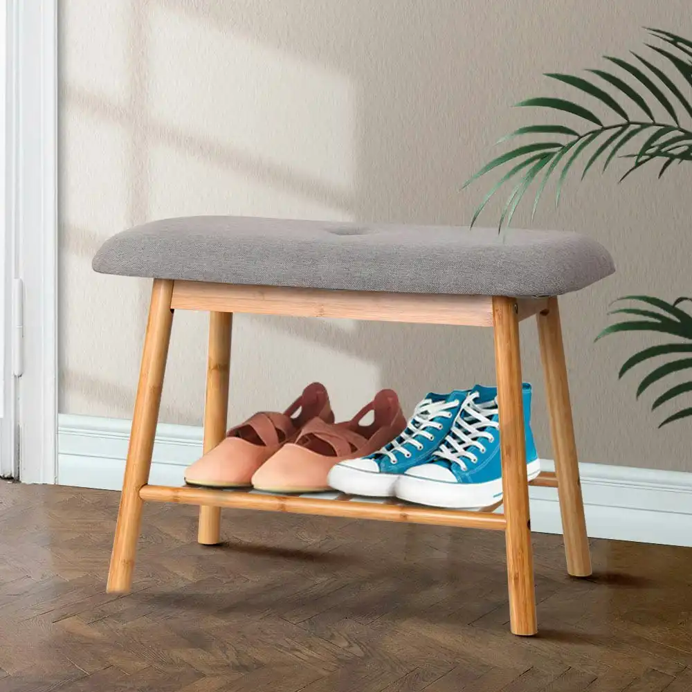 Artiss Shoe Bench Bamboo Rack Cabinet Storage Stool Fabric Cushioned Seat Shelf