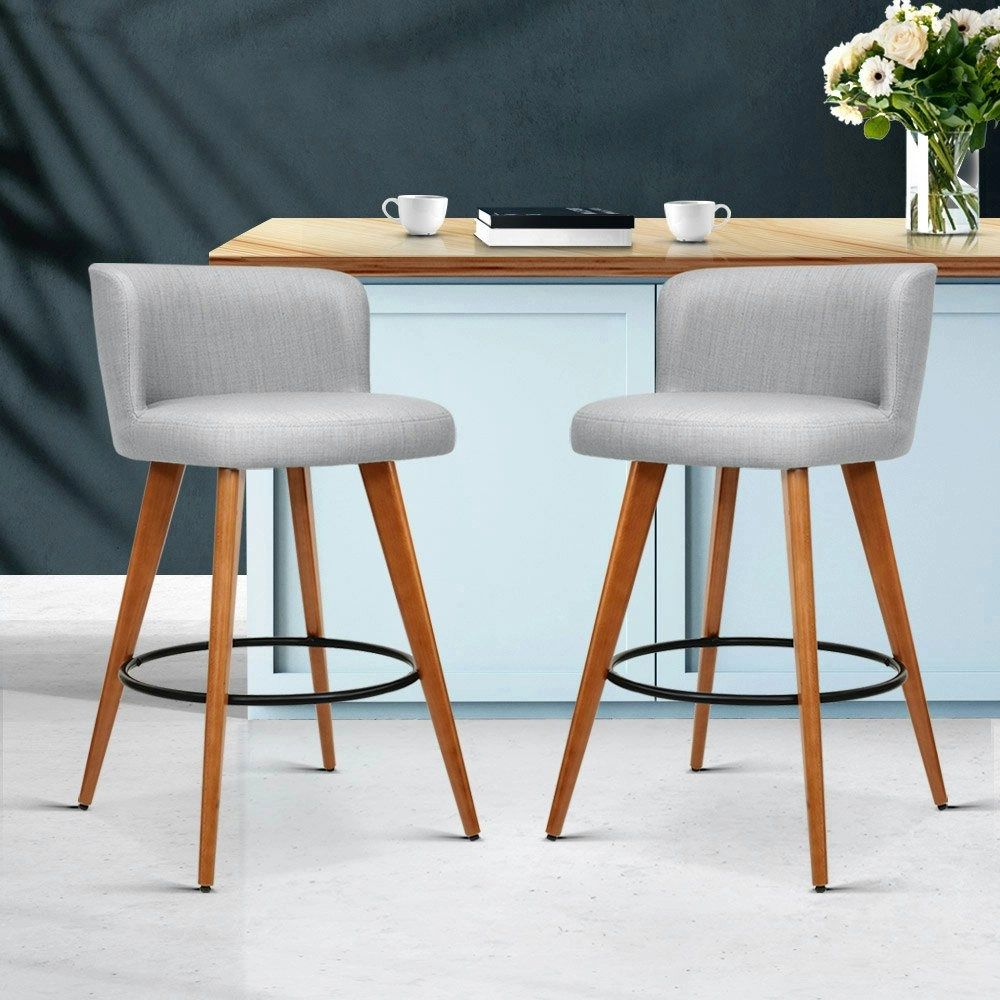 Artiss 2x Bar Stools Linen Padded Wooden Grey