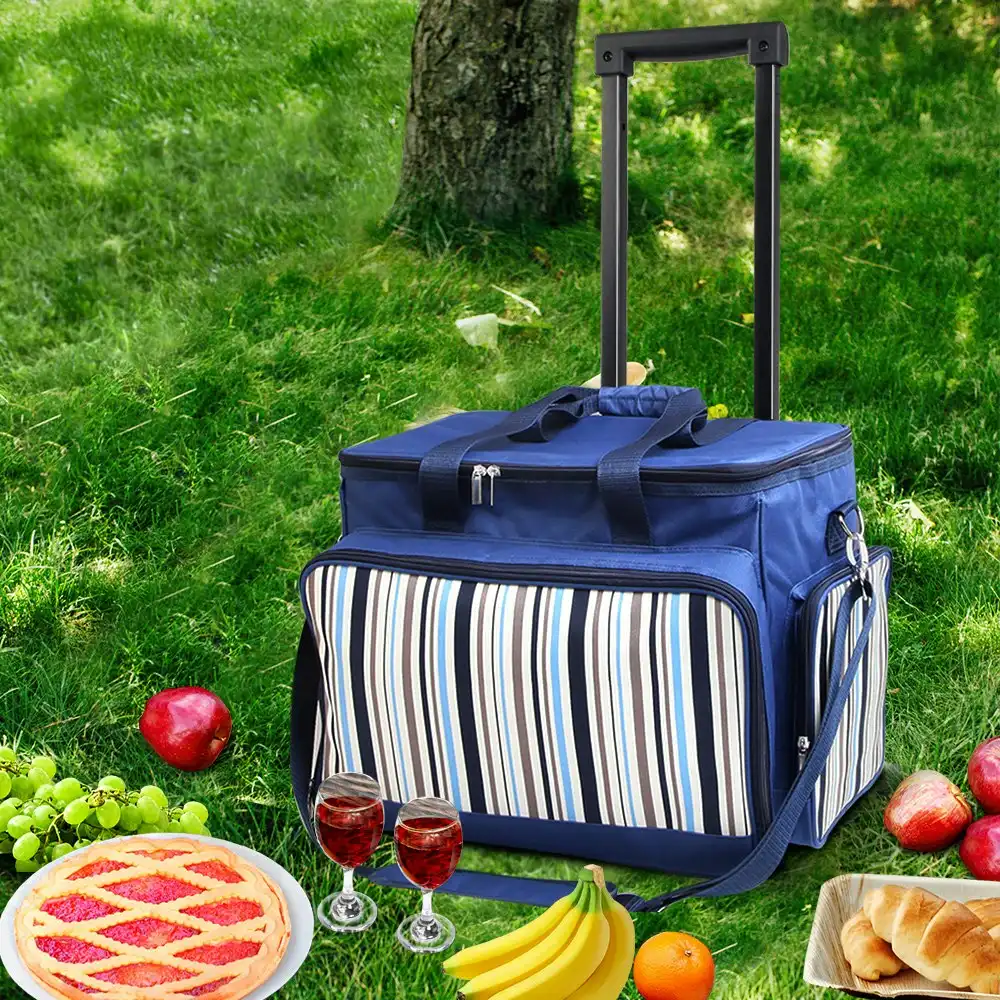 Alfresco 6 Person Picnic Basket Set Bag Wheels Insulated Trolley